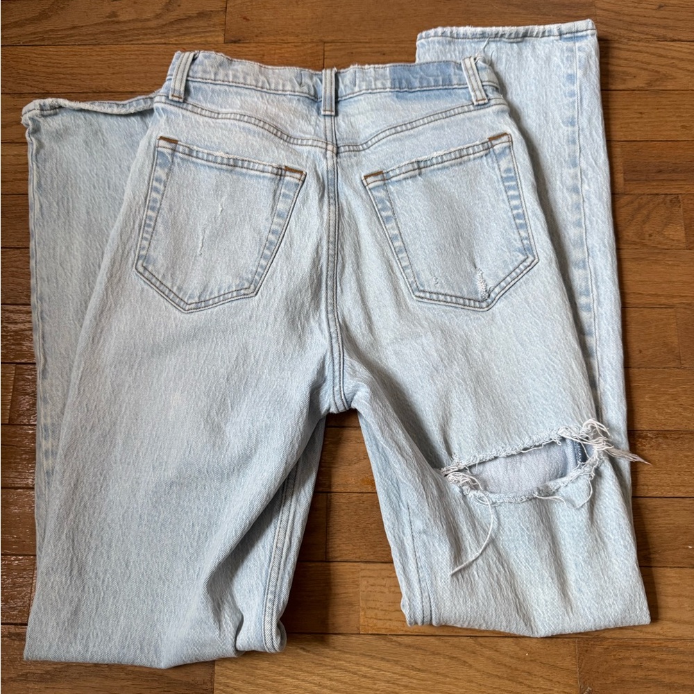 90s straight ultra high rise long Distressed Light Wash Denim Jeans